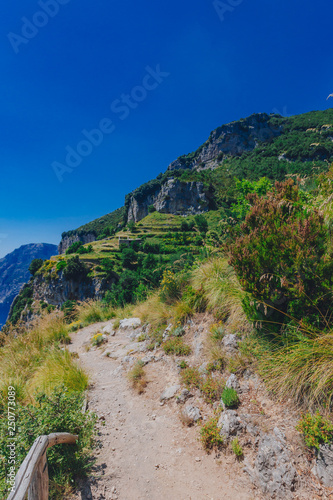 Hiking trail on mountain and coastline of Amalfi Coast from Path of the Gods  near Positano  Italy