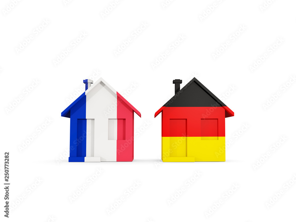 Two houses with flags of France and germany Two houses with flags of France and germany