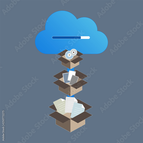 Document, photograph and disc stored in paper box loading to cloud storage. Cloud service concept. Vector illustration.   