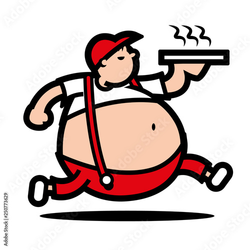 Vector graphic mascot of pizza delivery fat boy. Isolated on white.