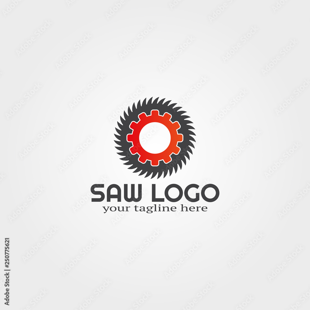 Fototapeta premium wood saw logo template with gear concept or vector icon for business corporate, tools, construction