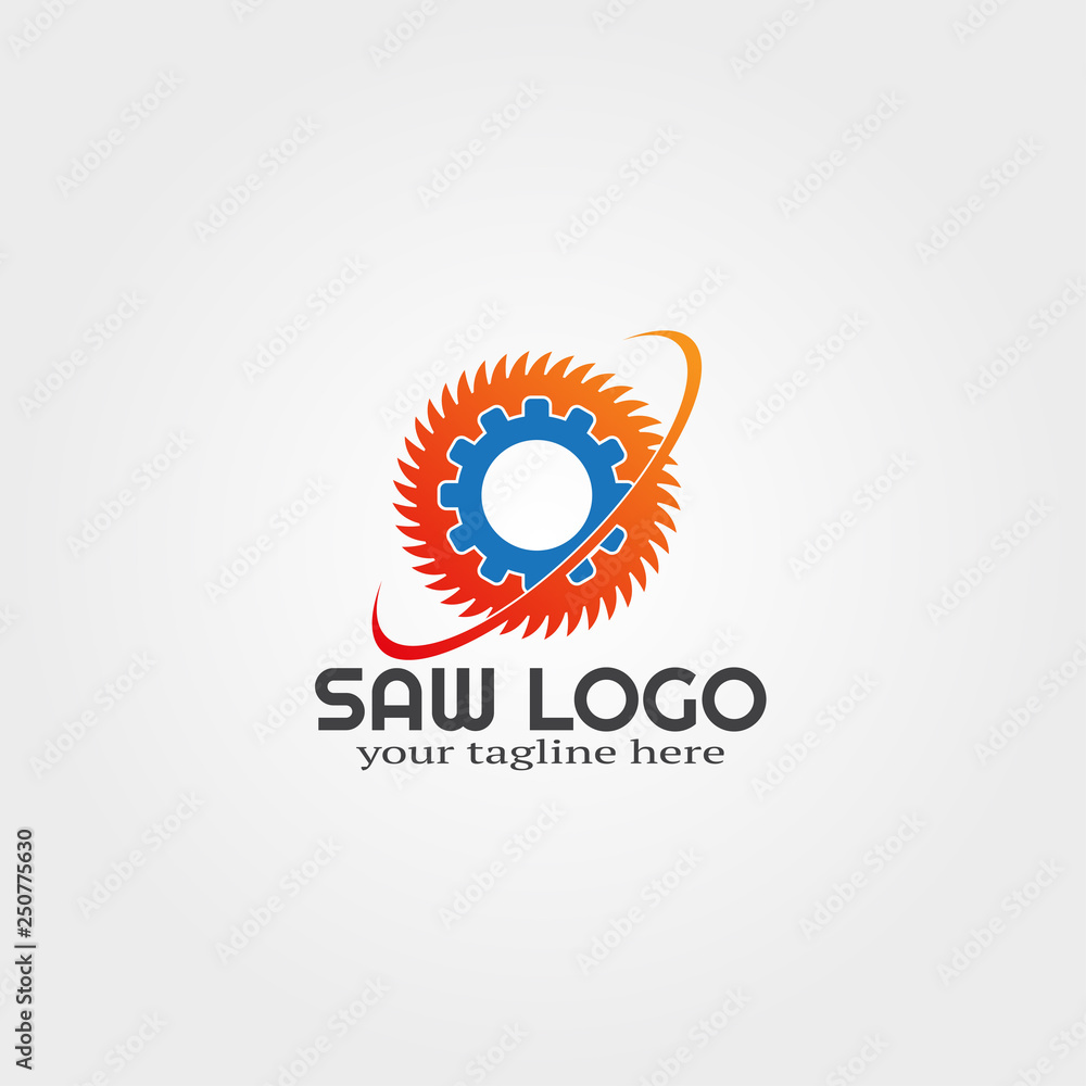 Fototapeta premium wood saw logo template with gear concept or vector icon for business corporate, tools, construction