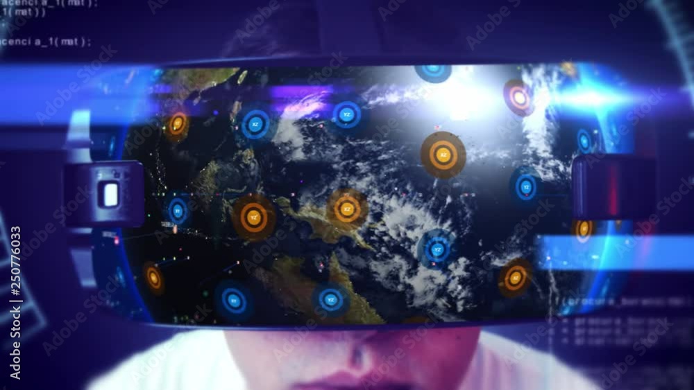 Close-up shot of a young man wearing VR Headset experiencing 3D virtual reality. Technology related digital earth network concept. Loop. Close-up shot of a young man wearing VR Headset experiencing 3D virtual reality. Technology related digital earth network concept. Loop.