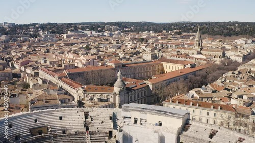 Close to global aerial view over the Arena of Nîmes is a Roman amphitheatre sunny day