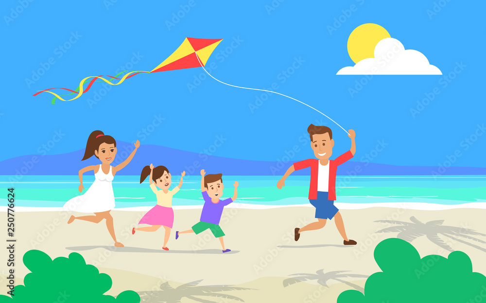 happy family launch a kite on the beach summer vacation