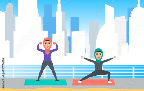 two arab muslim women exercising training outdoor urban background