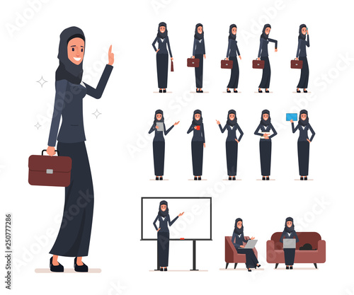 Set of business arab woman character with hijab. people animation character.