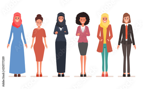 Set of business people teamwork international. Arab or muslim worker.