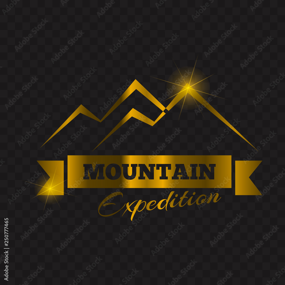 Golden peak mountain emblem design. Gold mountain label design Vector illustration.