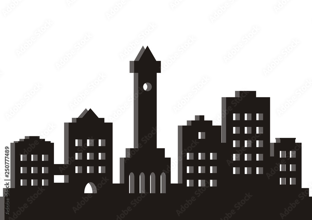 Town, black silhouette, vector icon. A modern city with a church in the center. Simple illustration of the city.
