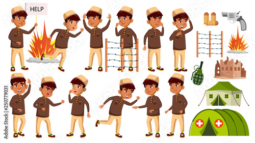 Arab, Muslim Boy Kid Poses Set Vector. Refugee, Military Conflict, War. Children. For Advertisement, Announcement Design. Isolated Cartoon Illustration