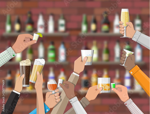 Hands group holding glasses with various drinks. Drinking establishment. Interior of pub cafe or bar. Bar counter, shelves with alcohol bottles. Celebration ceremony. Vector Illustration in flat style
