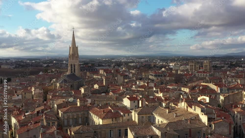 Golden hour Montpellier Ecusson aerial drone view over roofs Golden hour Montpellier Ecusson aerial drone view over roofs
