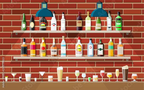Drinking establishment. Interior of pub, cafe or bar. Bar counter, shelves with alcohol bottles, lamp. Wooden and brick decor. Vector illustration in flat style