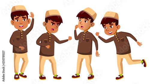 Arab, Muslim Boy Set Vector. Primary School Child. Cheerful Pupil. Teenager, Classroom. For Postcard, Announcement, Cover Design. Isolated Cartoon Illustration