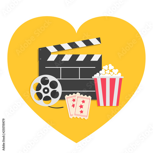 Big movie reel Open clapper board Popcorn box package Ticket Admit one. Three star. Heart shape. I love cinema icon set. Flat design style. Yellow background.