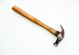 Vintage and old hammer wood handle and steel head on white background 