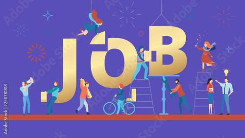 Job, purple poster with people working. Staff recruitment and open vacancy.