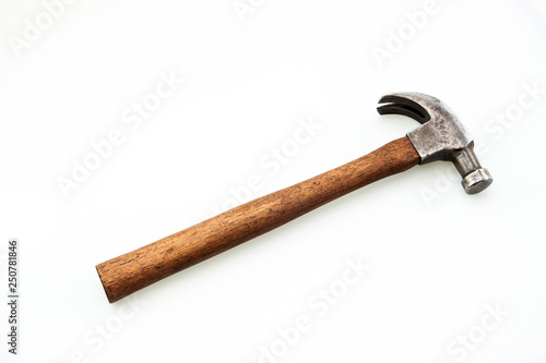 Old vintage handle hammer tool on the white background, Isolate steel head hammer wood handle 