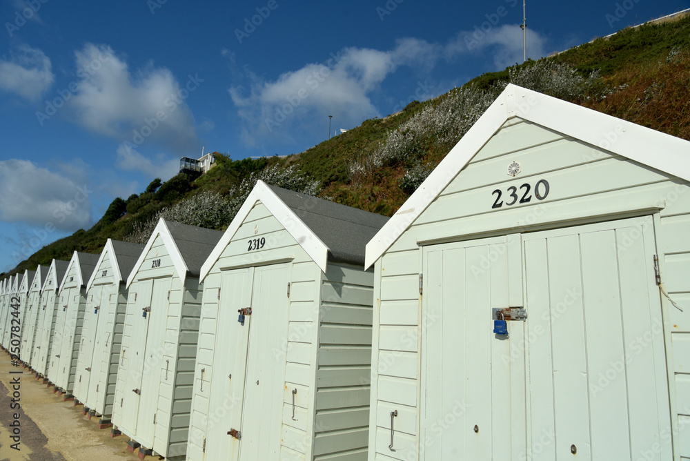 Beach huts on seafront at Bournemouth, Dorset