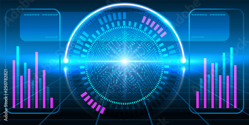 Fantastic HUD display with infographics, electronic circuit, graphs and round diagram