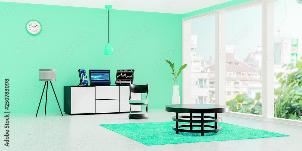 Fototapeta premium Modern working room interior, 3 black desktop computer put on a white drawer in front of green wall, a lamp and flower pot place on marble floor, Cool tone room, Scandinavian style, 3D rendering