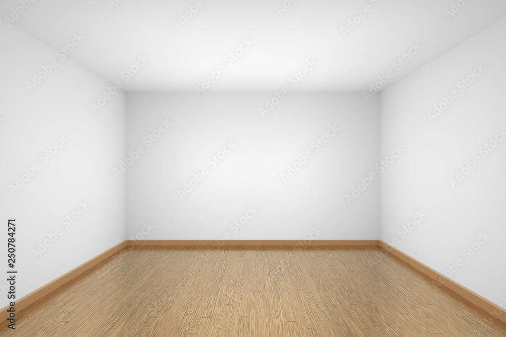 White empty room with brown hardwood parquet floor White empty room with brown hardwood parquet floor