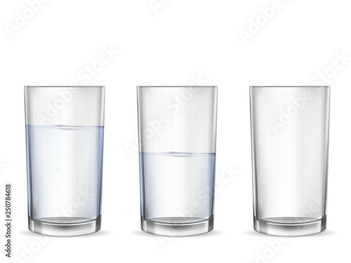 Realistic empty glass with water cup set.