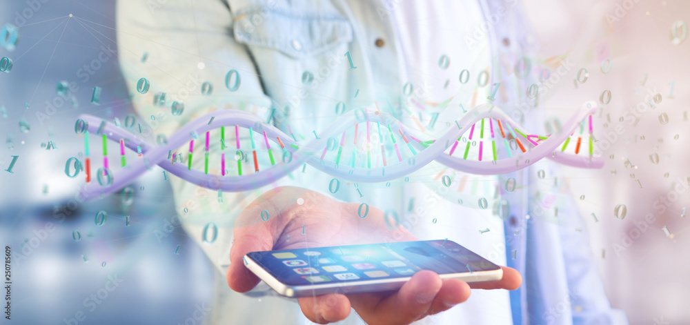 Man holding a 3d rendering data coded Dna with binary file around Man holding a 3d rendering data coded Dna with binary file around
