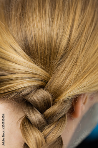 Closeup of woman blonde braided hair