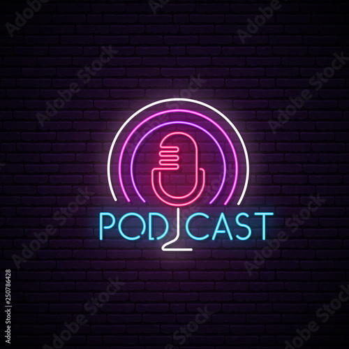 Microphone neon sign. Podcast bright emblem. Light neon mic sign on the brick wall background. Vector design template for radio, broadcasting and dj.