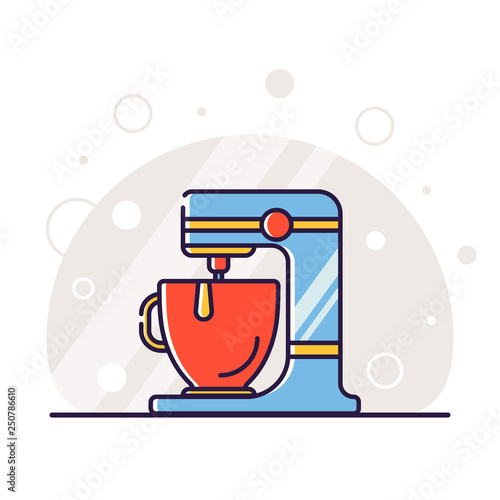 Kitchen electric appliances for cooking. The process of making dough for baking on a food processor. Vector flat illustration in linear style.