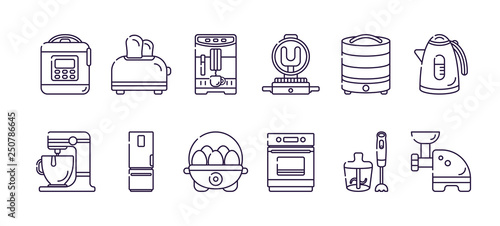 Kitchen electric appliances for cooking. Vector flat transparent icons in linear style on white background. Isolated objects