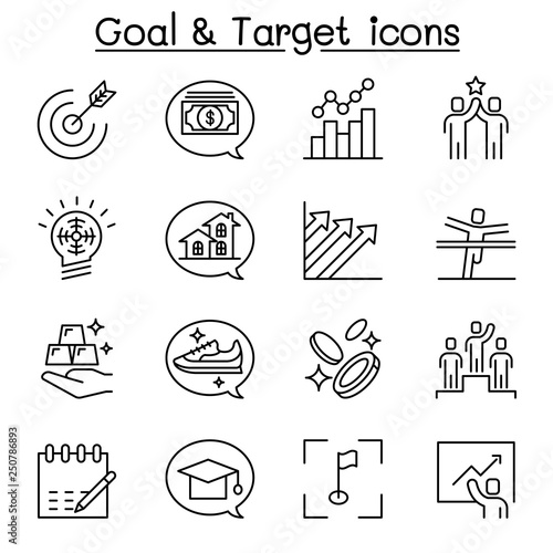 Target, purpose, aim, self improvement, development icon set in thin line style