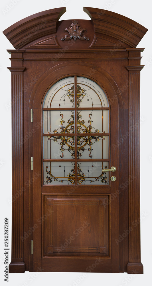 wooden doors with stained-glass windows, forged grills and ornaments architectural detail on an isolated background
