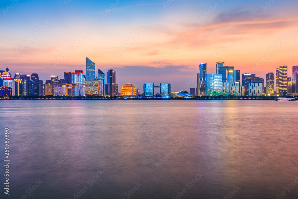 Hangzhou city skyline and buildings at night