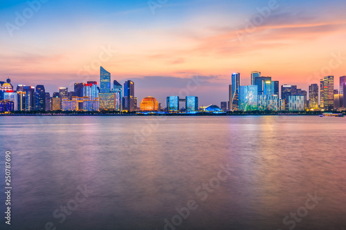 Hangzhou city skyline and buildings at night