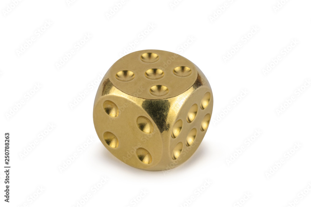 Fototapeta premium One golden dice isolated on white background. Five, with a shadow.