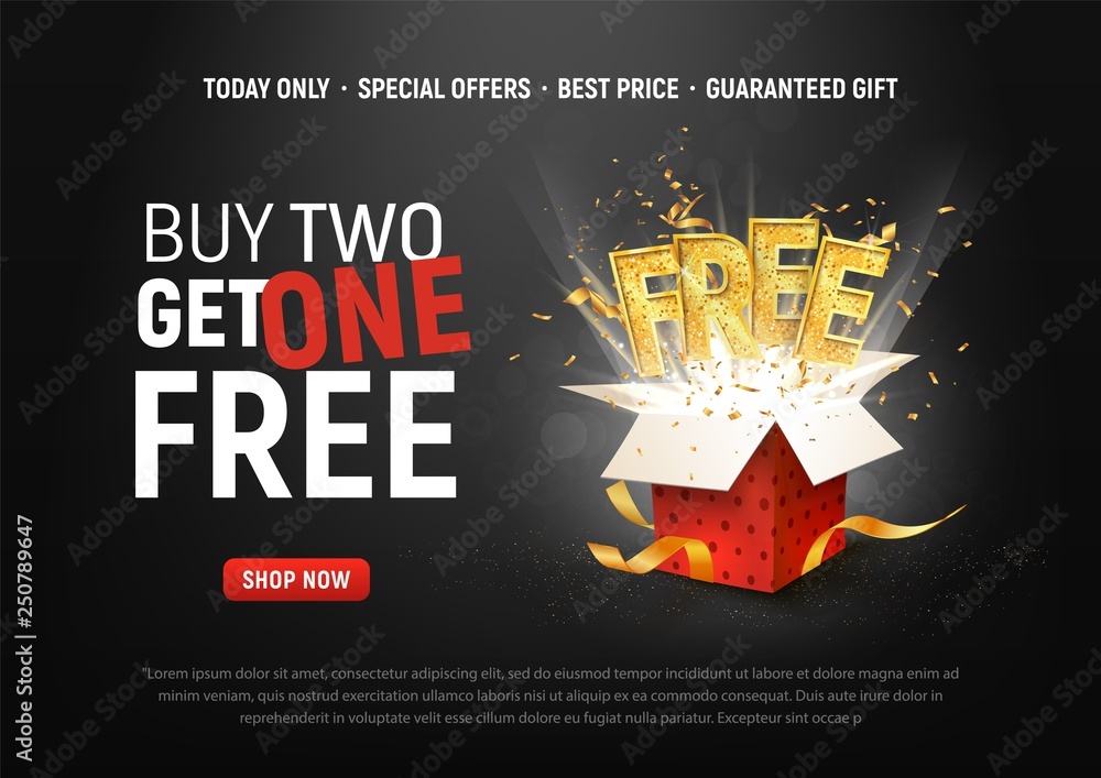 Buy 2 get 1 free vector illustration. Ad Special offer super sale red gift box on dark background - obrazy, fototapety, plakaty 