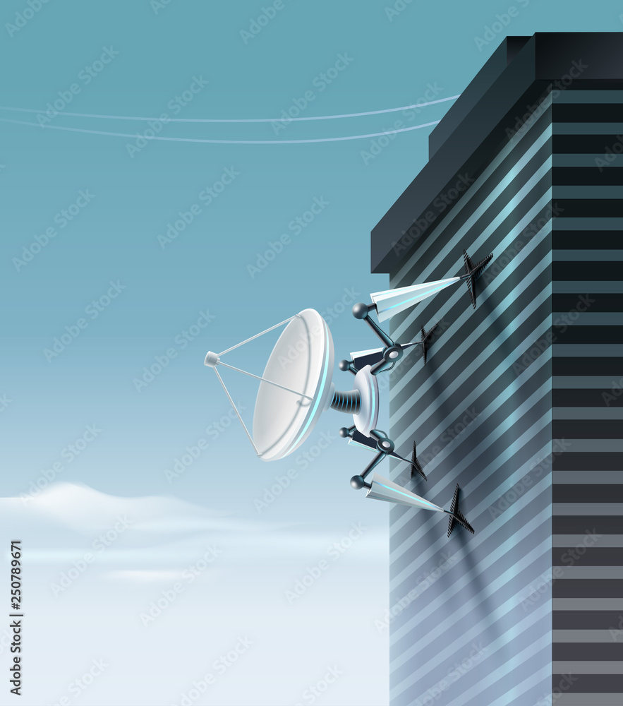 Vector concept of fictional quadruped robot with parabolic satellite dish which is climbing up the building