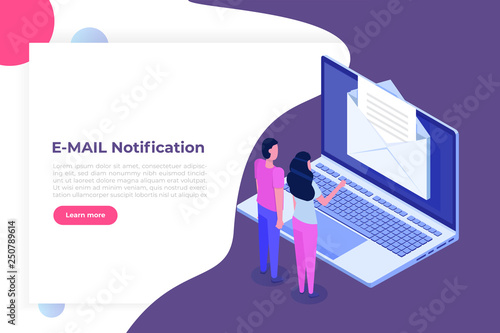 Isometric Laptop with notification.Woman and man receive E-mail. Vector illustration