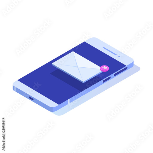 Isometric Smartphone with email notification. Get E-mail concept. Vector illustration