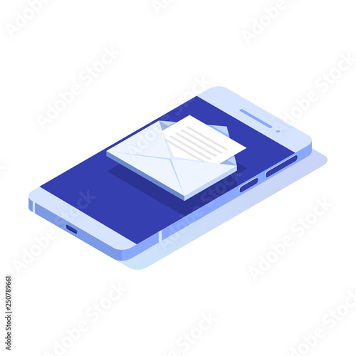 Isometric Smartphone with email notification. Get E-mail concept. Vector illustration