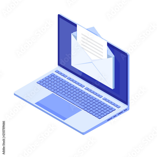 Isometric Laptop with email notification. Get E-mail concept. Vector illustration