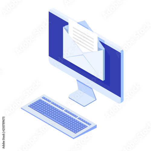 Isometric Desktop with email notification. Get E-mail concept. Vector illustration