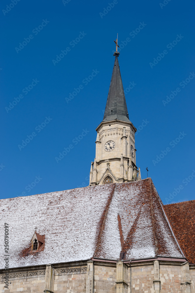 St. Michael's Church during winter in the city center of Cluj-Napoca, Romania