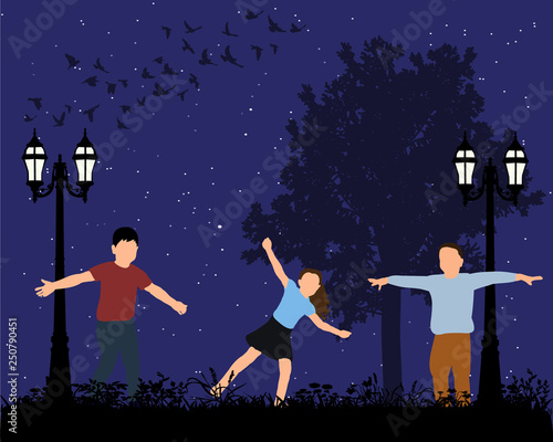 vector, isolated, children walk in the park, evening