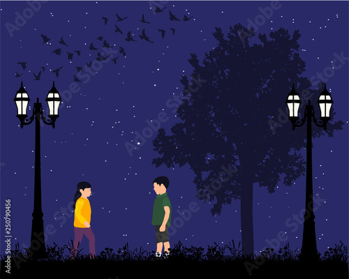 vector, isolated, children walk in the park, evening