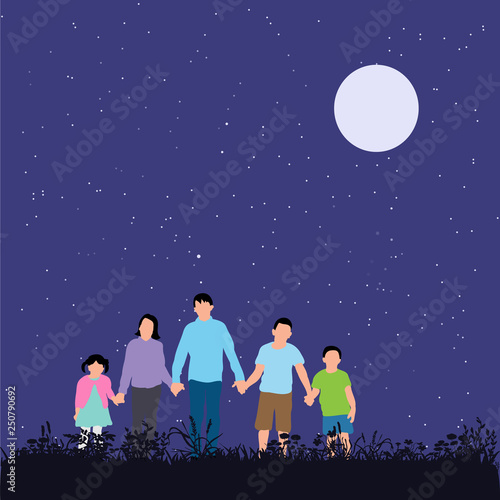children walk in the park, flat style, evening