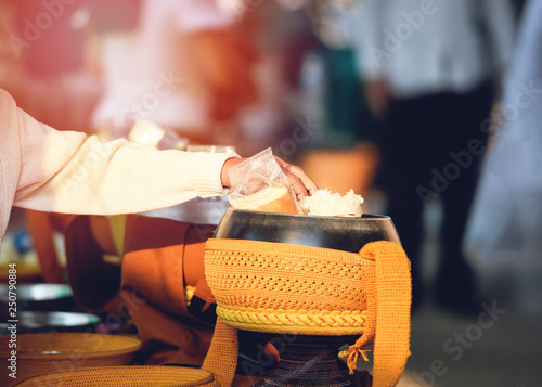 offer food to the monks / to give alms bowl to the monks Buddhist photo